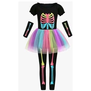 Girls Skeleton Costume Glow In The Dark Punk Bones Halloween Tutu Dress Medium